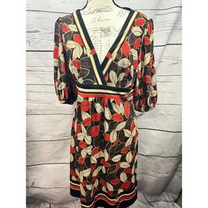 Nine West Womens Leaf Print Faux Wrap Dress Red Black V-Neck Empire Waist Sz 14